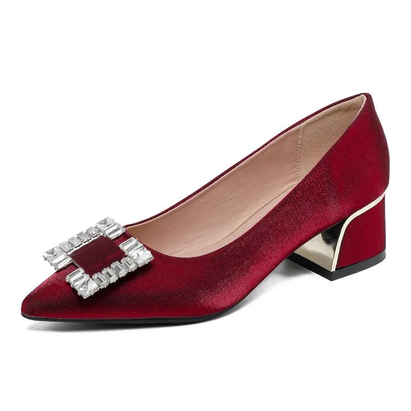 Женская обувь Модные Туфли-лодочки Блестящие Хрустальные Туфли на Высоком Каблуке Девочка Массивный Каблук Туфли для Платья 35 красный 3240₽
