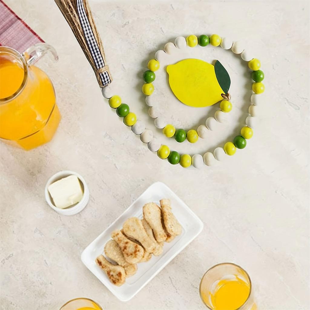Lemon Wood Beaded Garland with Rustic Tassels Lemon Farmhouse Rustic Beads Summer Country Style Home Tiered Tray Decor