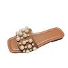 Large size pearl flat bottom sandals women's summer new square head casual wear one-word slippers