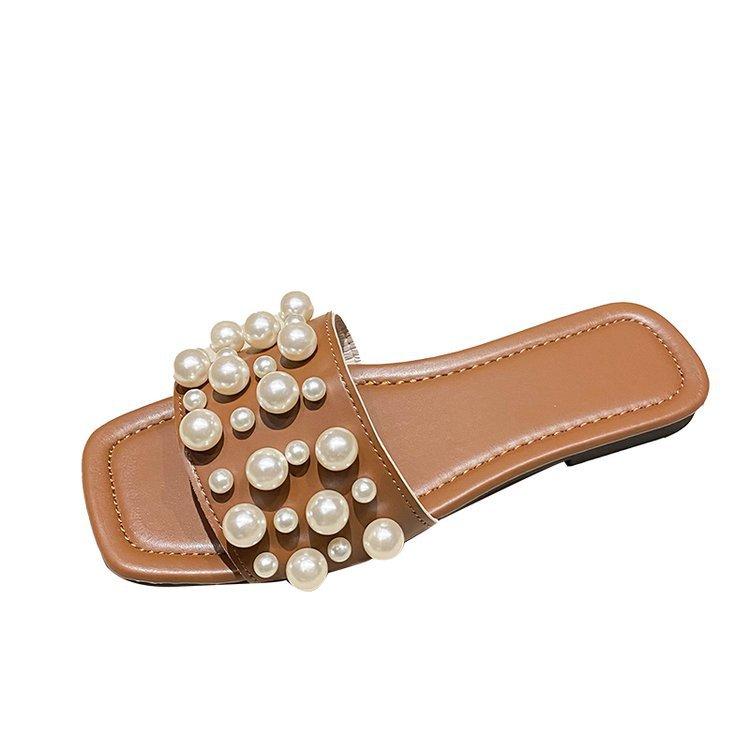 Large size pearl flat bottom sandals women's summer new square head casual wear one-word slippers