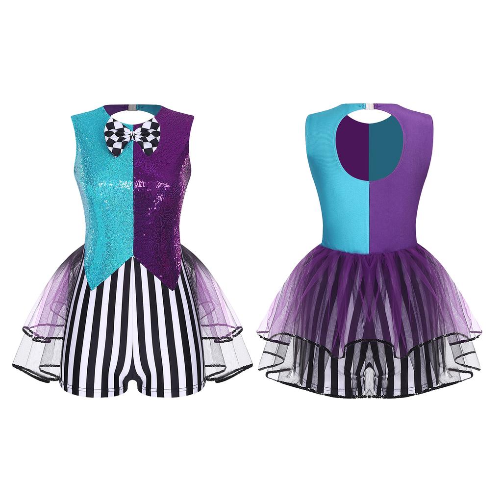 S-3XL Women’s Halloween Jumpsuit: Color Blocking Sequin & Striped Patchwork Checker Bowtie Tiered Tulle Hem Cutout Rompers Mad Costume