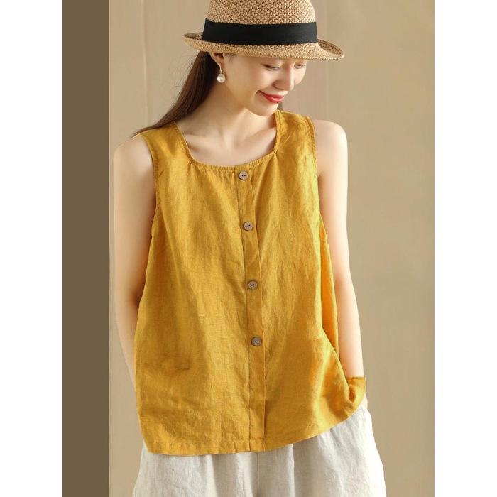 Summer Retro Ladies Cotton and Linen Sleeveless Cotton and Linen Vest Loose Sling All-match Slimming Bottoming Outer Clothes