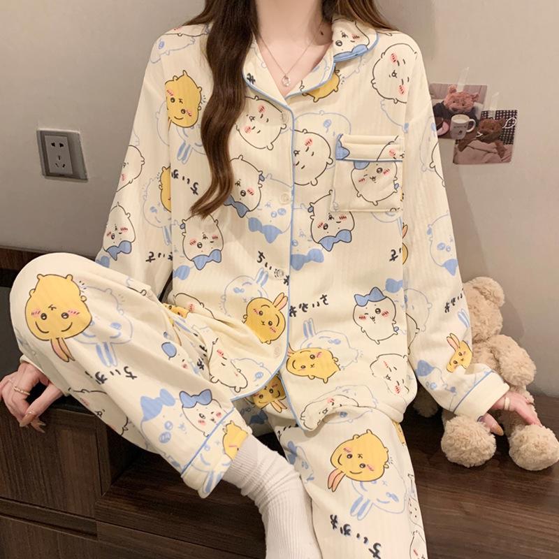 Air cotton pajamas women's autumn and winter long sleeves thickened interlayer warm stars cat student loungewear real shot