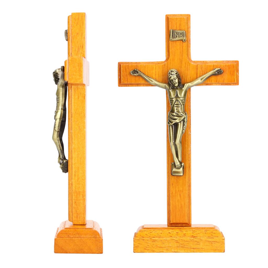 Crucifix Wooden Hand Made Standing Catholic Jesus Crucifix Wall Cross Religious Prayer Display Decoration With Base