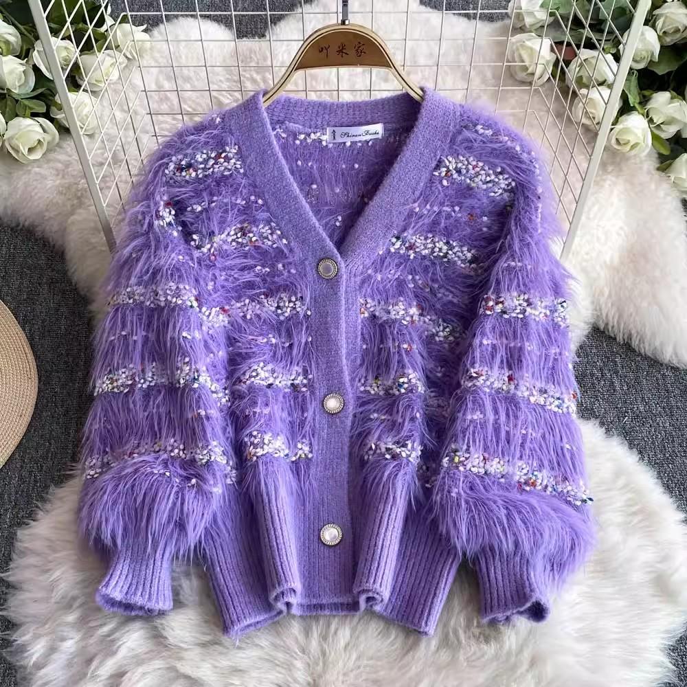 Autumn Winter Women Two Piece Set Small Fragrant V Neck Furry Knit Cardigan Sweater Coat And Sequined Cascading Mesh Long Skirt Suit
