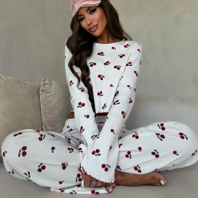 Spring Autumn Cherry Print Pajamas Set for Women Homewear Long Sleeve Crop Tops and Trousers 2 Pieces Sexy Ruffle Pijamas Sleepwear Loungewear