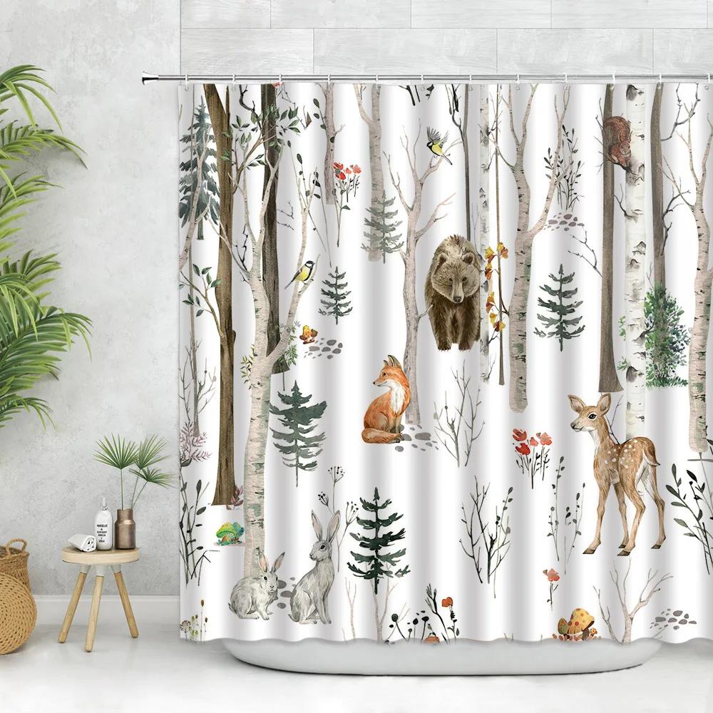 Forest Animals Shower Curtains Reindeer Fox Squirrel Elk Bear Wildlife Plants Farm Bird Painting Home Bathroom Decor With Hooks