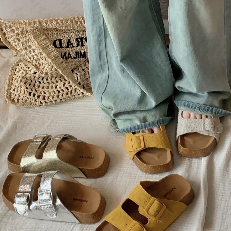 Da Mimi Bokenxia one-word soft leather burst pattern thick bottom cool slippers wear beach girl