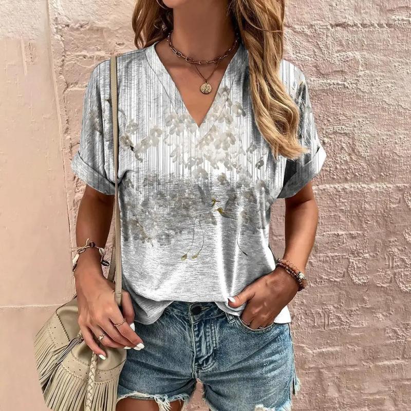 Summer V-neck 3D Vintage Floral Pattern Printed Top Fashionable Casual Short Sleeved Women's T-shirts