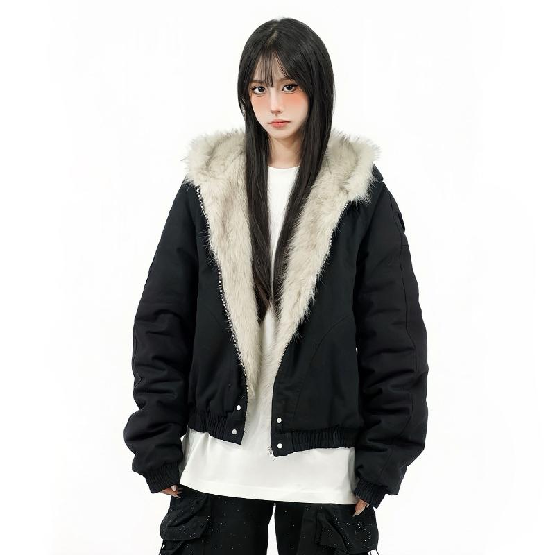 2KWEIRD Women's Winter Thickened Fur Collar Warm Jacket Zipper Hoodie Couple Fashion Fashion Fashion Casual Loose Jacket Top