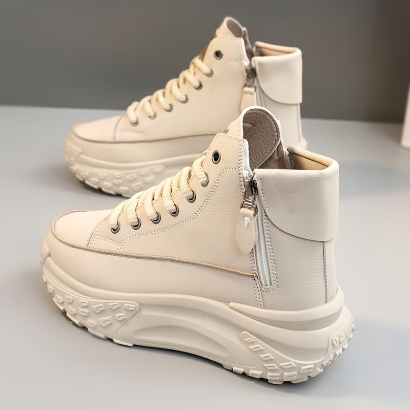 Women's Trendy Platform Sneakers, Lace Up & Side Zipper High Top Skate Shoes, Comfortable Heightening Sports Shoes Plus Size