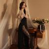 French-Style Backless Nightgown with Built-In Bra, Deep V-Neck, Spaghetti Straps, High Slit, and Mesh - Pure, Alluring, Sexy.
