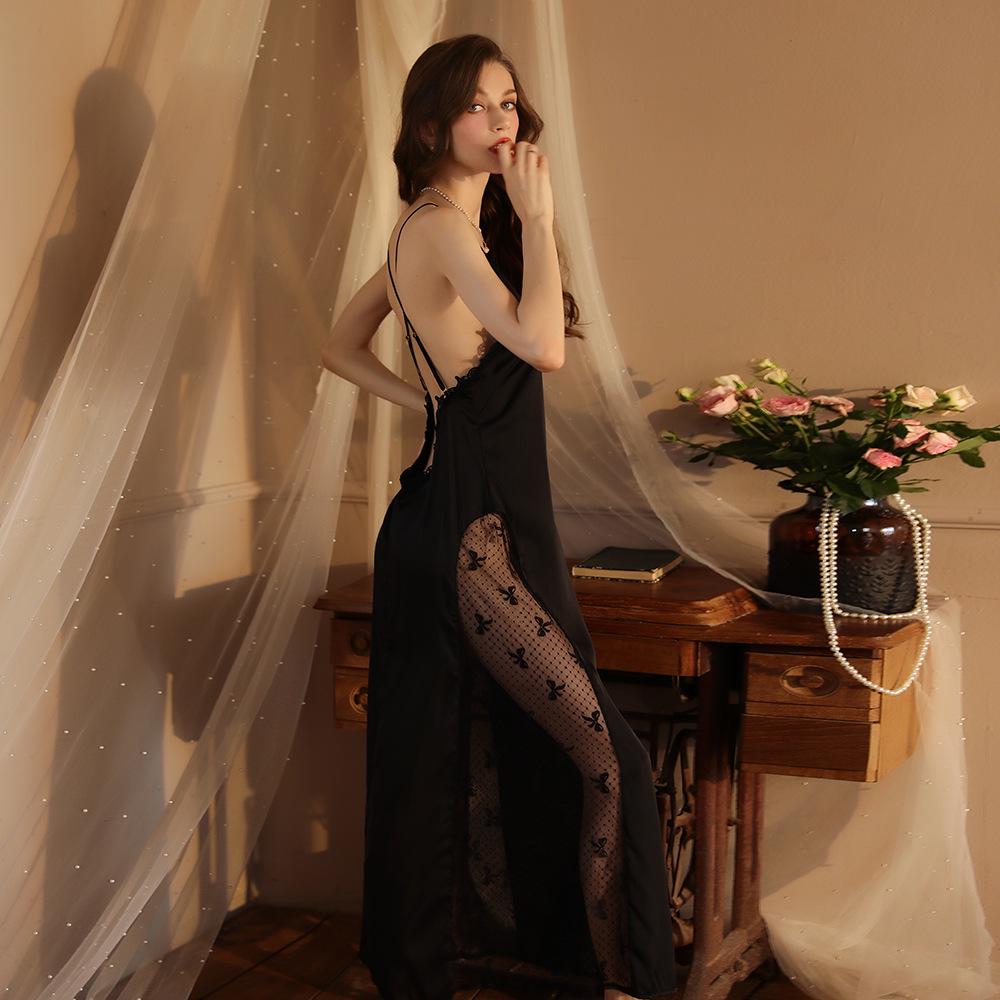 French-Style Backless Nightgown with Built-In Bra, Deep V-Neck, Spaghetti Straps, High Slit, and Mesh - Pure, Alluring, Sexy.