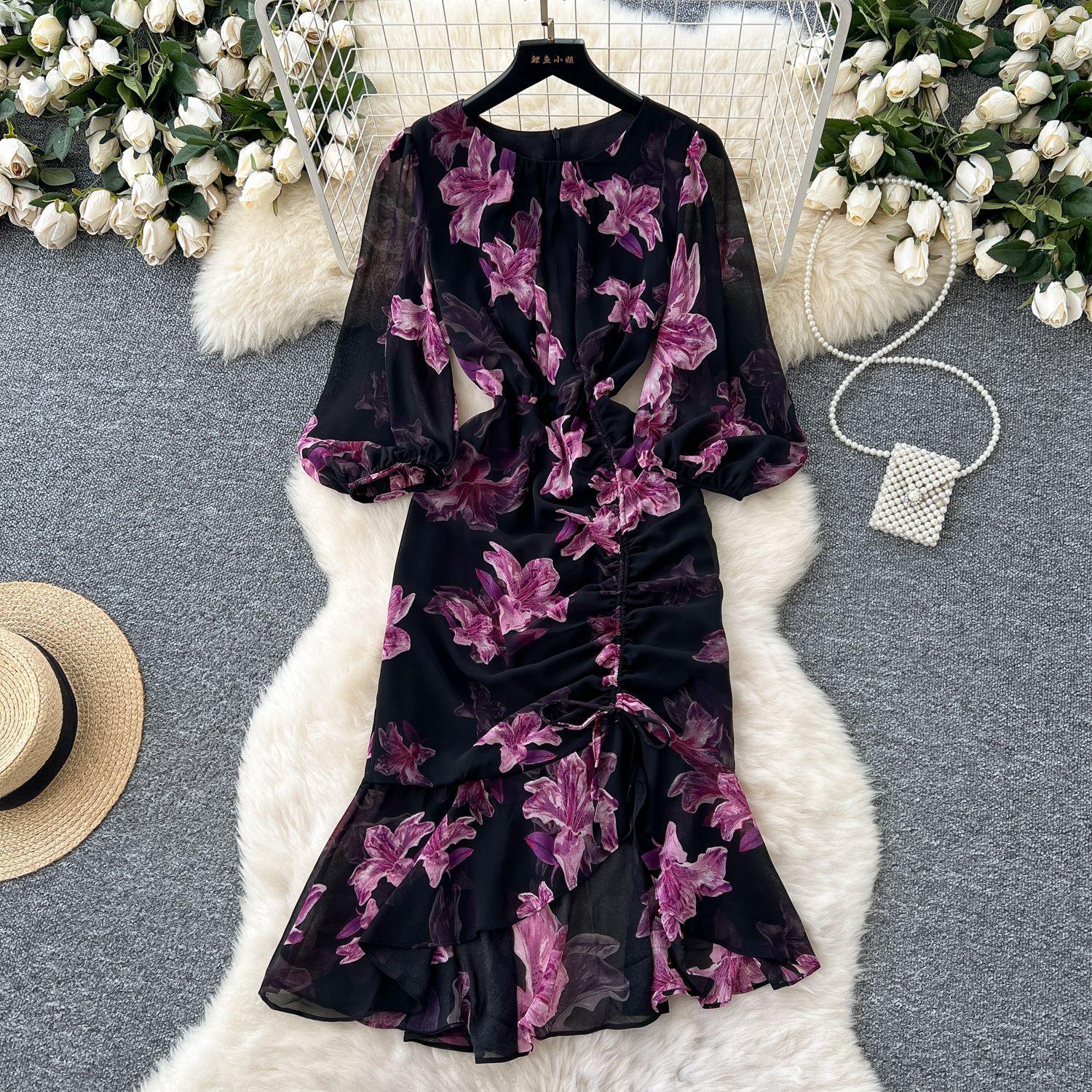 

This High-end French Women s Dress for Spring Is Slimming with Pleated and Cinched Waists and Ruffles 2XL чорний/фіолетовий