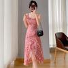 Coffee break French floral dress women's summer new waist and thin design sense niche ruffle edge suspender skirt