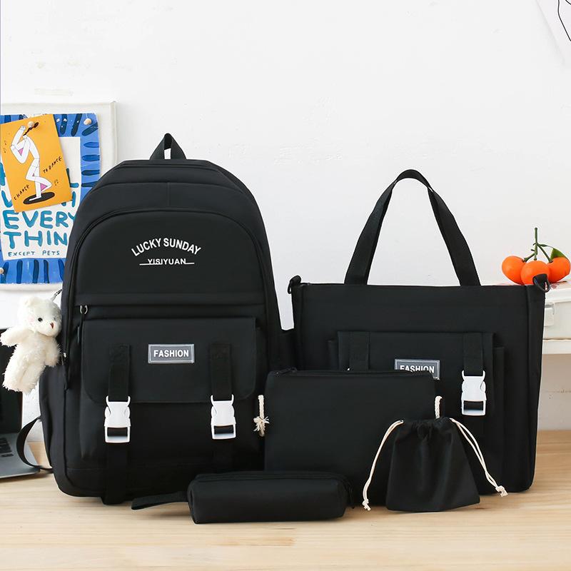 Simple Schoolbag Women's Lightweight Large-capacity Backpack, Primary School Junior High School Portable Make-up Backpack Five-piece Set