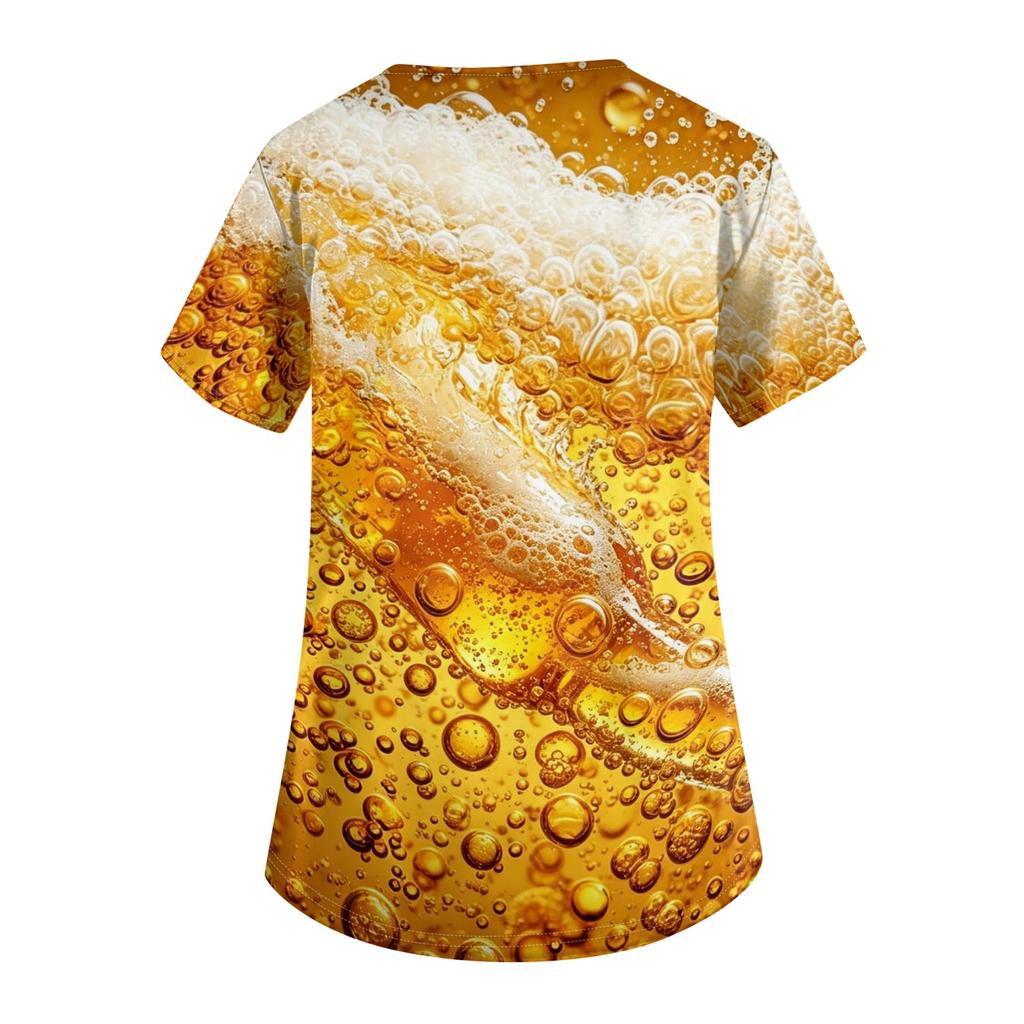 Women V Neck Short Sleeve Work Shirt with Pockets Beer Festival Print Top Nurse Scrub Uniform for Healthcare Professionals