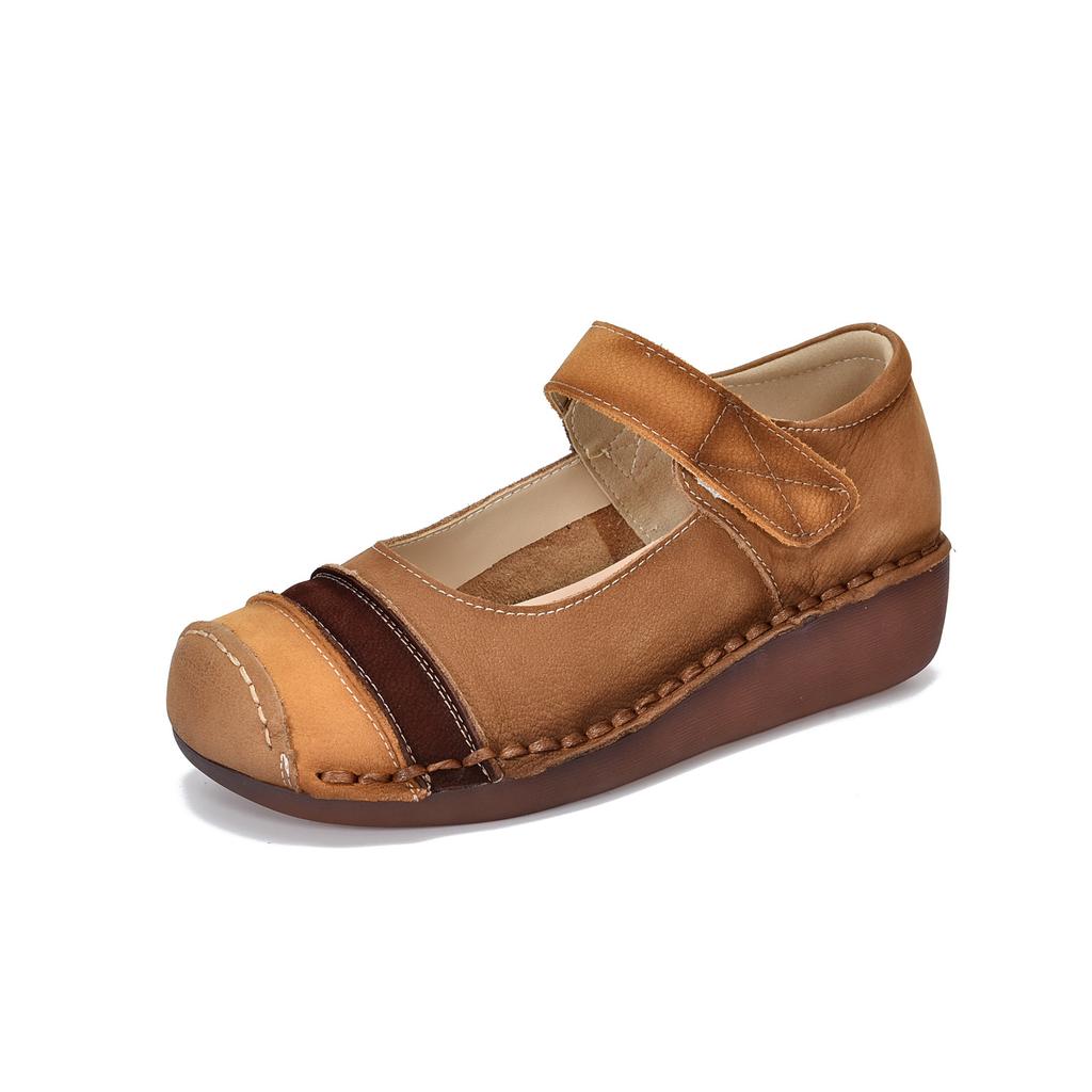 Johnature Retro Round Toe Genuine Leather Women's Shoes Cowhide Soft Sole Mixed Colors Wedge Heel Shoes
