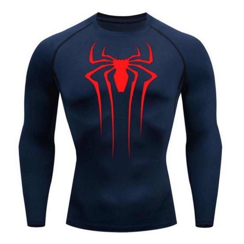 Men Fall Spring Top Skinny Sweat Absorption Elastic Spider Print Long Sleeve Soft Breathable Round Neck Compression Training Workout Exercise