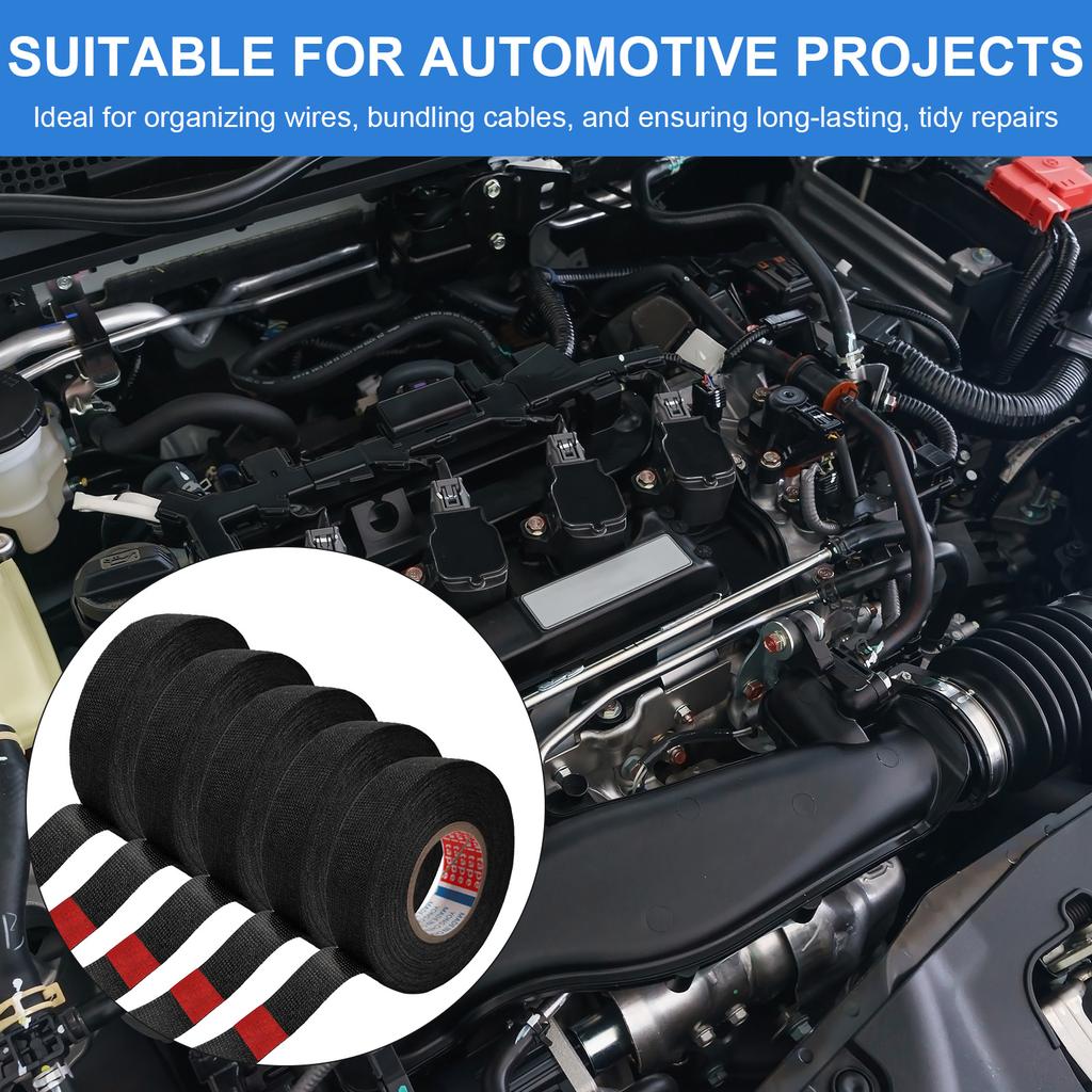 5 Rolls Wire Loom Harness Tape Flame Retardant Adhesive Fabric Tape Heat Proof Insulation Electrical Tape for Automotive Engines