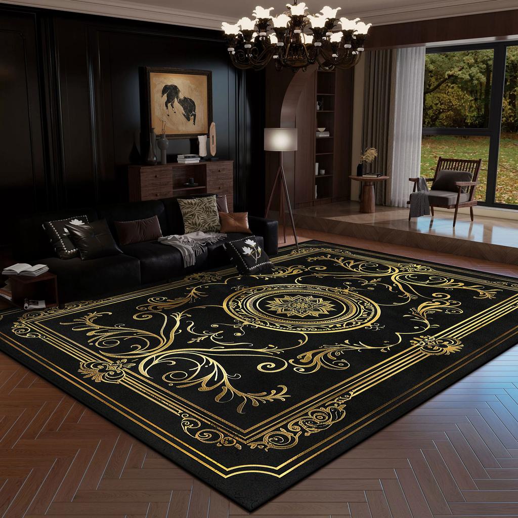 European Style Rug Luxury Decoration Home Large Area Living Room Carpet Golden Striped Rugs Bedroom Bedside Non-slip Soft Mat