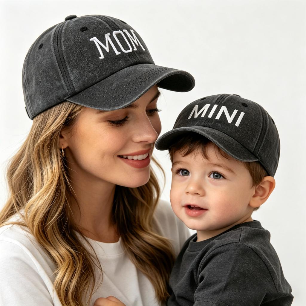 Cappellini da baseball coordinati mamma-figlio "MOM" e "MIN", cappellini da sole in morbido cotone per mamma e bambini, ideali per l'uso quotidiano e all'aperto