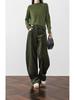 Pantaloni de damă retro stil Hong Kong, din catifea reiată verde, cu picior larg și căptușeală fleece