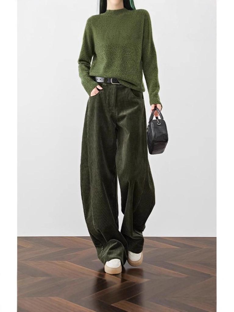 Pantaloni de damă retro stil Hong Kong, din catifea reiată verde, cu picior larg și căptușeală fleece