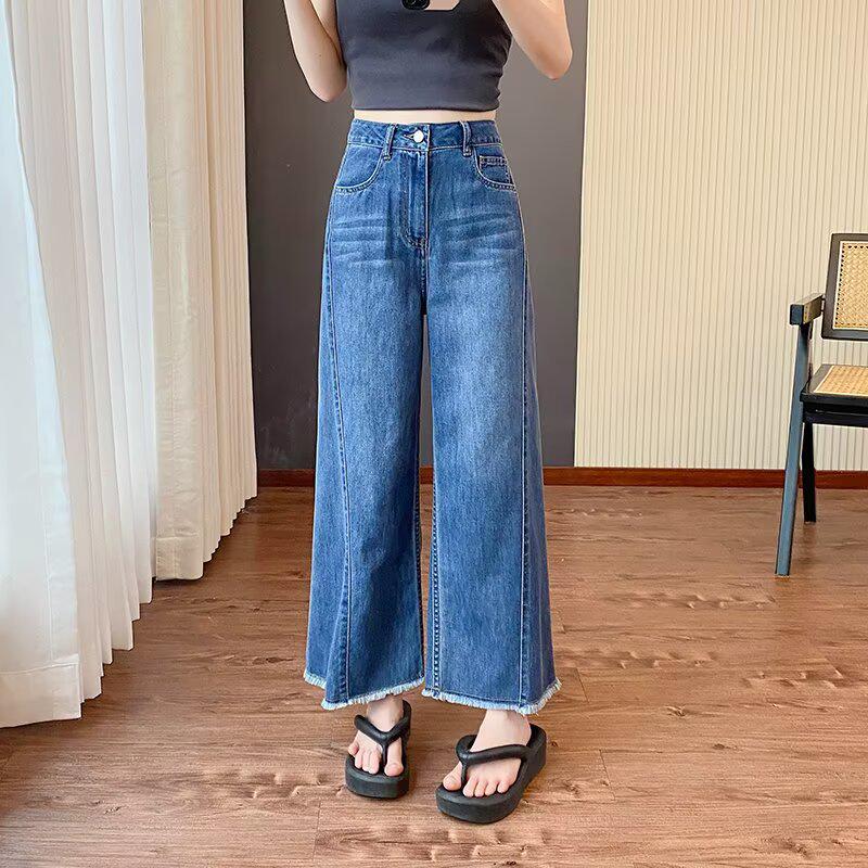 2025 Summer Women's High Waist Frayed Hem Retro Cropped Jeans - Loose, Slimming Wide Leg Style