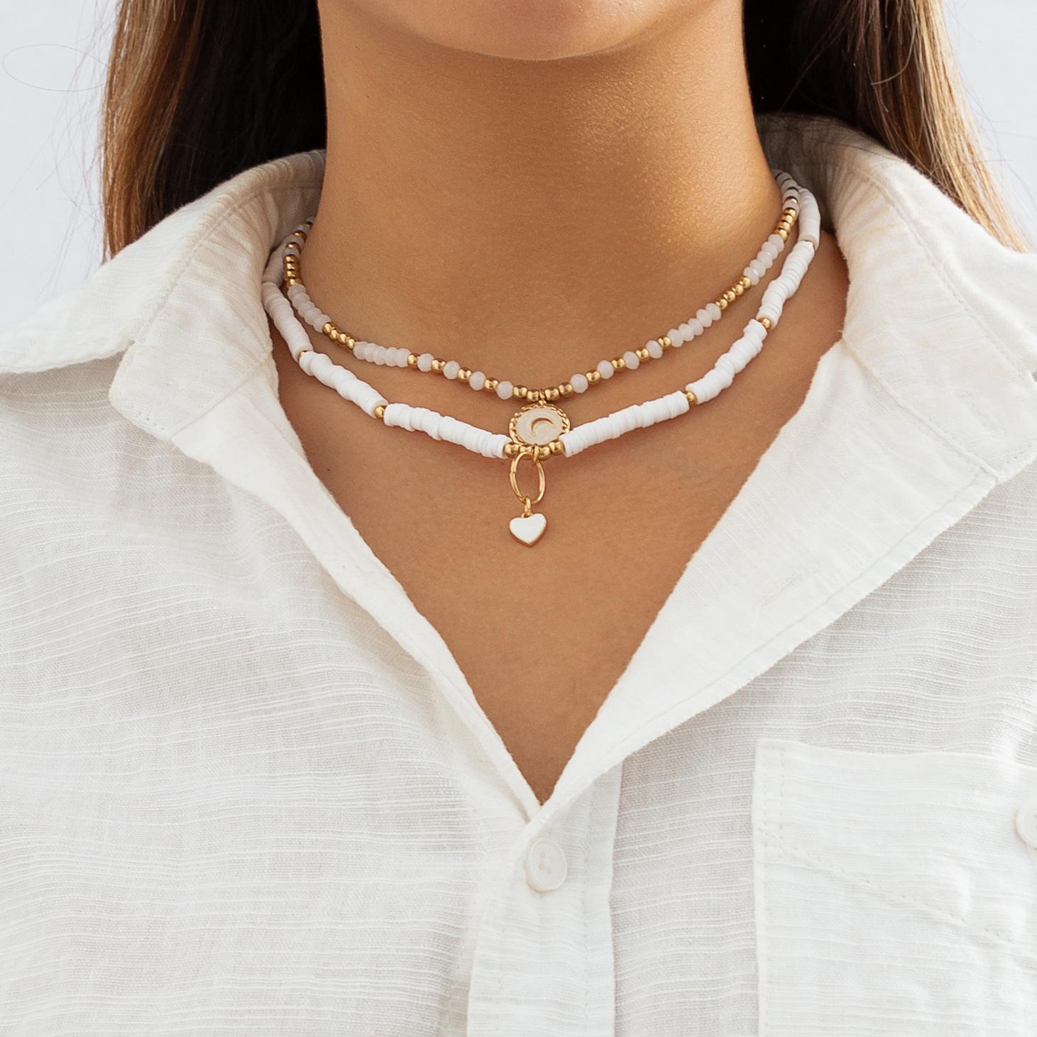 

Пасторальное ожерелье в форме сердца из имитации кристалла, простой набор ожерелий с луной из мягкой полимерной глины с бусинами для женщин