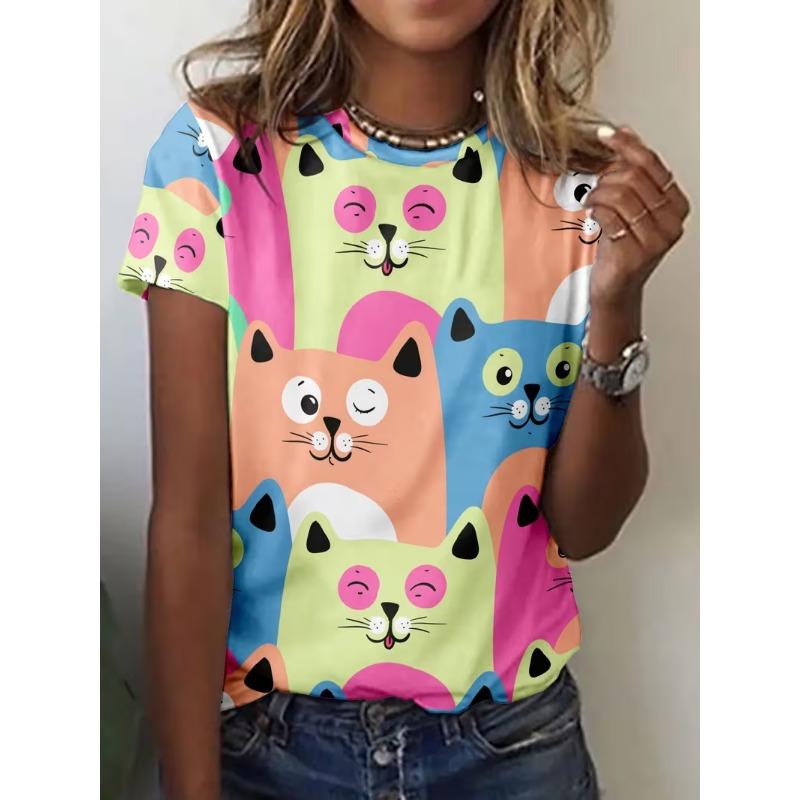 Summer Cute Cartoon Cat T-Shirts Women Short Sleeve Round Neck T Shirt Tees Harajuku Y2K Top Female Clothing