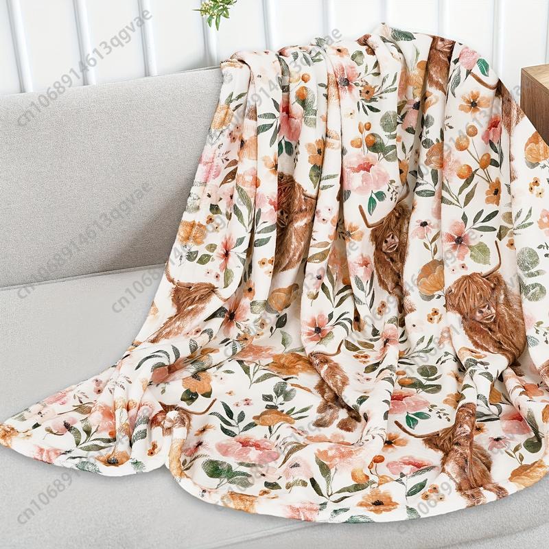 Soft & Warm Cozy Floral Highland Cow Print Flannel Throw Blanket Machine Washable for Couch BedCustom Blankets