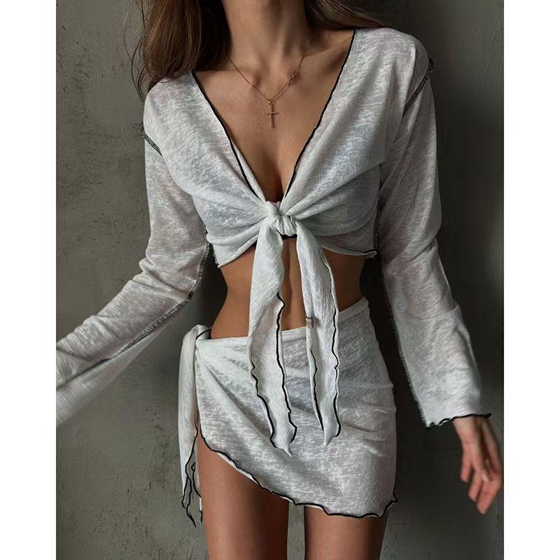 

Fashion Vacation Beach Sexy See-through Tied Top Skirt Outfit Top and Short Skirt Set Light gray M