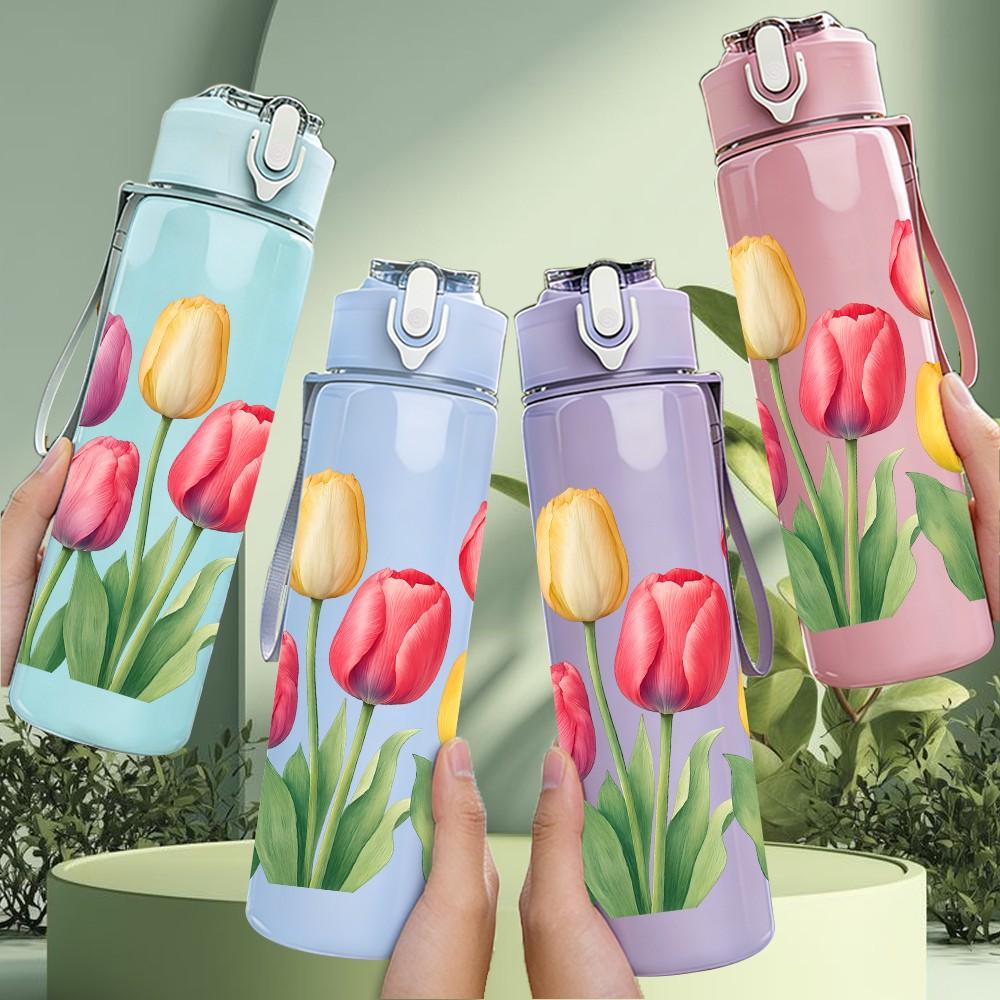 1PC Multicolor Tulip Flower Bouquet 750ml Color Plastic Sports Water Bottle Leakproof Flip Straw Lid For Sports Office Home Use