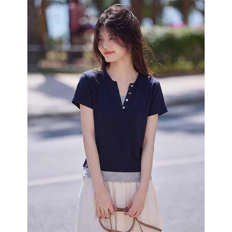 Xinfeiyu Women's Fashion Color-block Layered V-Neck T-shirt
