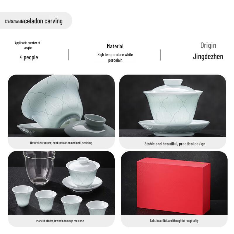 Jingdezhen Celadon Carved Ceramic Gaiwan Tea Set