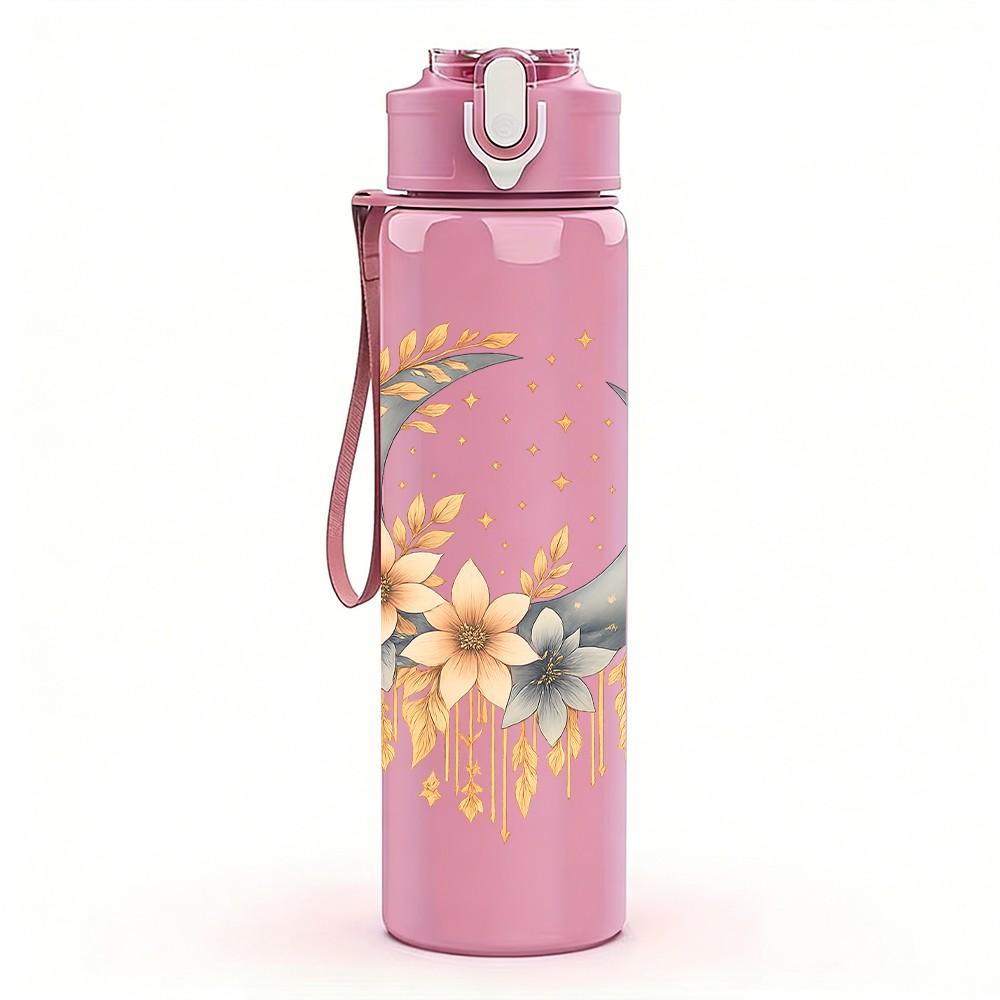 1PC Moon Daisy Wreath Art 750ml Color Plastic Sports Water Bottle Leakproof Flip Straw Lid Suitable for Sports Office Home Use