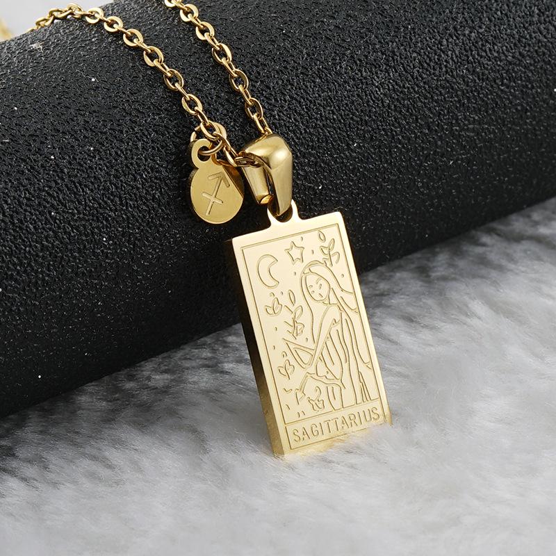 18K Gold Stainless Steel Zodiac Pendant Necklace - Square Constellation Design for Women