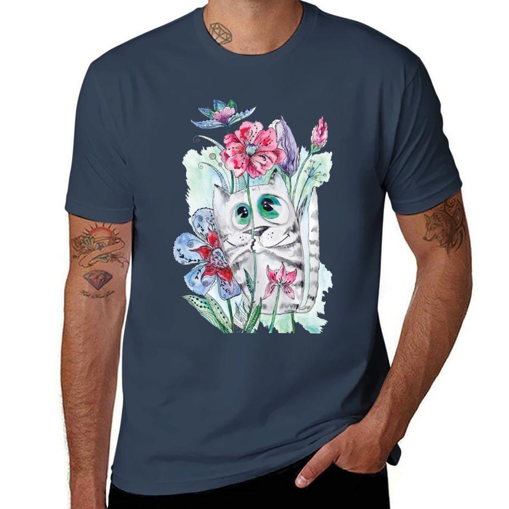 Funny Watercolor Cat with Flowers T-Shirt T Shirt for Man Man T Shirt Summer T-Shirt