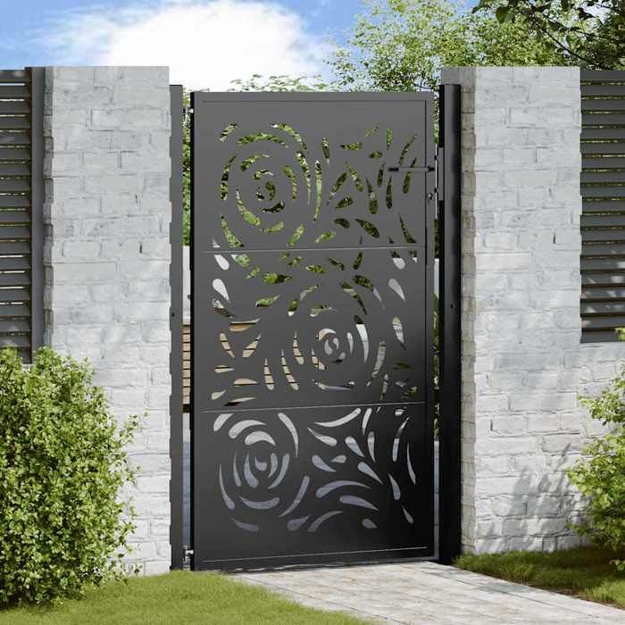 VidaXL Garden Gate Black 105x155 Cm Steel Flame Design, Fence Gate, Outdoor Gate, Metal Gate, 4100991