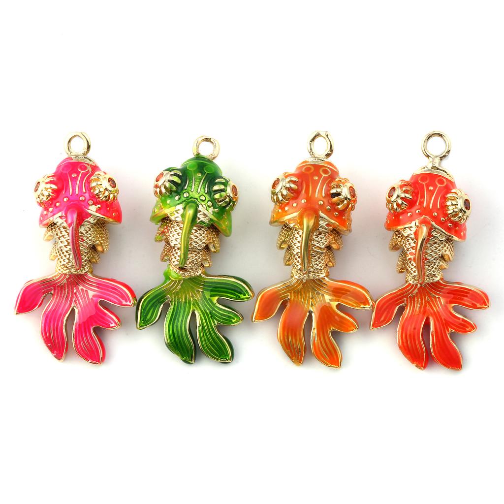 1 Piece Enamel Goldfish 3D Movable Brass Charms Orange Cubic Zirconia 18K Gold Plated Fish Ocean Jewelry Pendants 3cm x 1.5cm