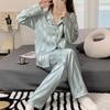 Dames Vår & Høst Jacquardstripet High-End Imitert Silke Pyjamassett - Utendørs Brukbart
