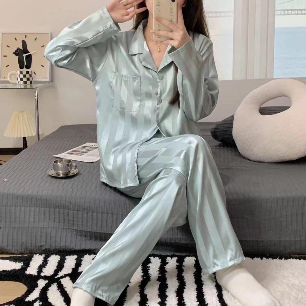 Women's Spring & Autumn Jacquard Stripe High-End Imitation Silk Pajamas Set - Outdoor Wearable
