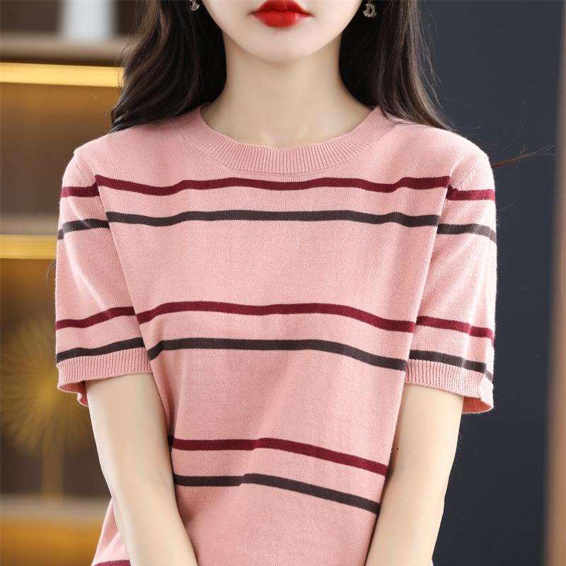 Pure Cotton Striped Round Neck Knitted Short-sleeved Women Summer Style Loose Slim Color-blocking Half-sleeved T-shirt Top