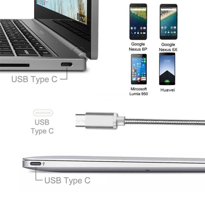 Câble usb type c, 1m, pour téléphone -nylon argenté