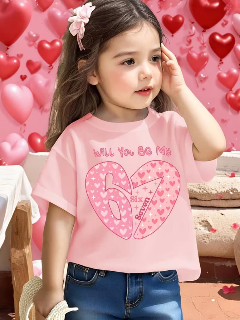 Valentine 67 Six Seven Meme Print T-Shirt 67 Number Round Neck Cute Casual Short Sleeve Comfortable T-Shirt Children's Clothing