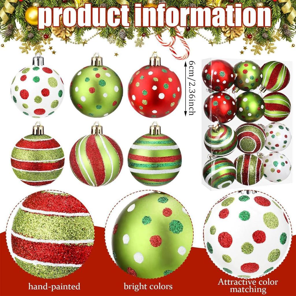 Christmas Tree Balls Ornaments 12 Pieces Ball Decor 2.4 Inches Shatterproof Baubles Ornaments For Home Winter Party Outdoor