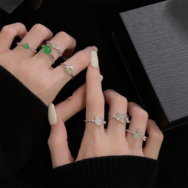 Imitation Chalcedony Open Ring Rabbit Personality Kitten Niche Design Light Luxury High-End Ring