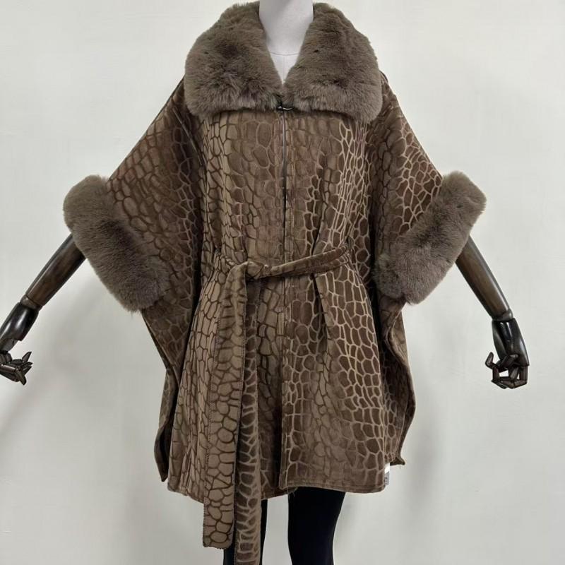 Womens Oversized Knit Cape Coat With Rabbit Fur Trim Collar Warm Fall Winter Outerwear Elegant Loose Fit