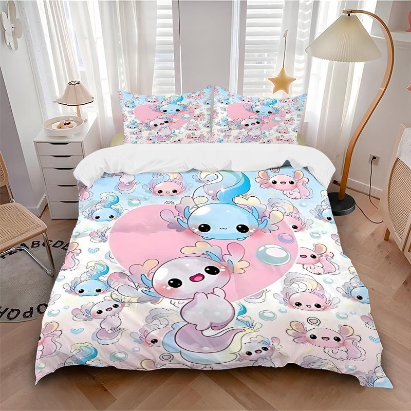 

3pcs Axolotl Love Heart Bedding Set, Includes One Quilt Cover and Two Pillowcases (No Core), Cute Axolotl Design for Bedroom Decor 135x200cm
